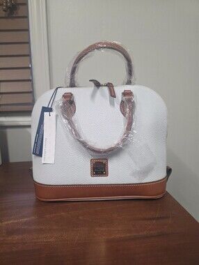 Dooney & Bourke Fog Gray Pebble Leather Satchel with Tan Trim